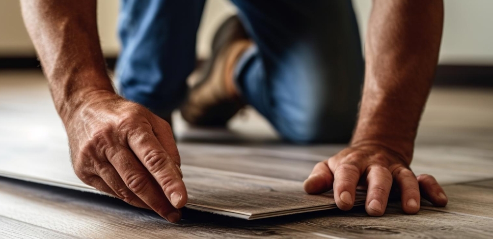 Instalador da FirmaFloor colocando piso em um ambiente